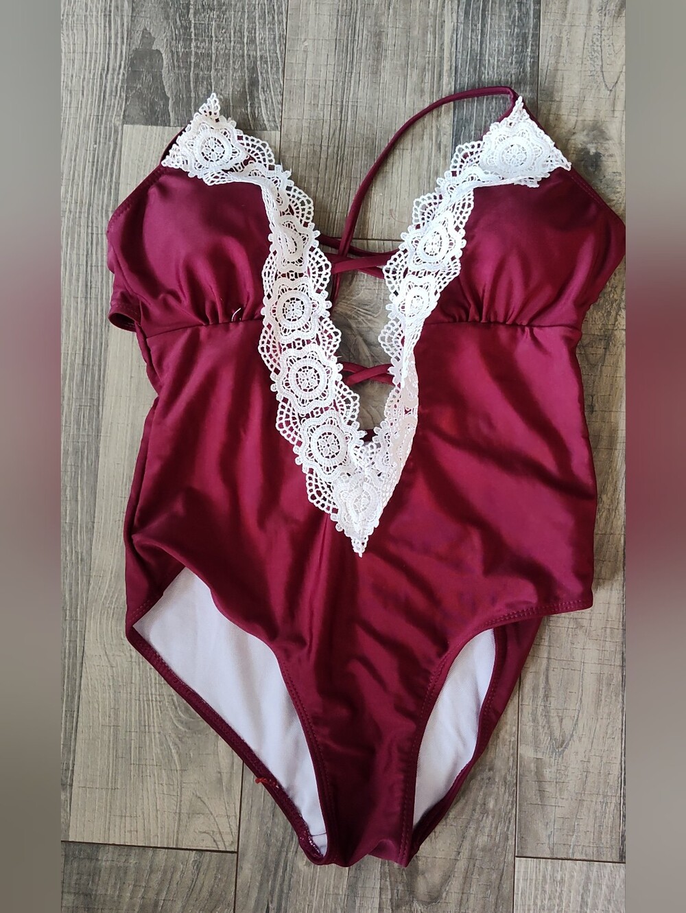 Burgundy One Piece Suit with White Lace Trim